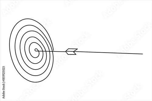 Continuous line art drawing of archery target with arrow, one line art design vector illustration