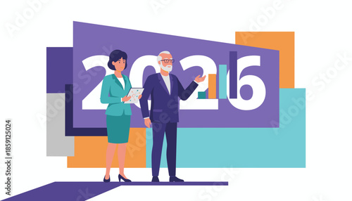 Professional executives plan 2026 goals and financial success with data visualization