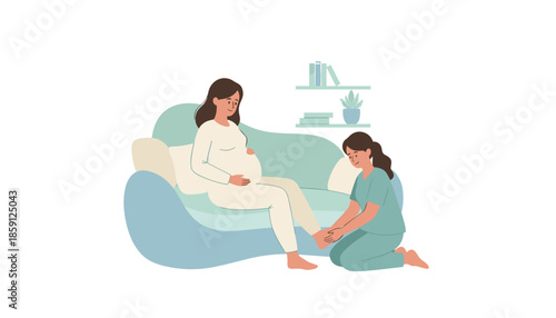 Midwife or nurse providing foot massage therapy to a relaxed pregnant woman at home