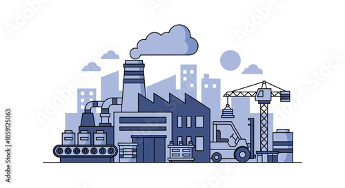 Flat vector illustration of a major industrial city factory with production line crane and logistics vehicles