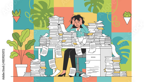 Overwhelmed office worker buried under massive paper stacks symbolizing stress bureaucracy and heavy workload