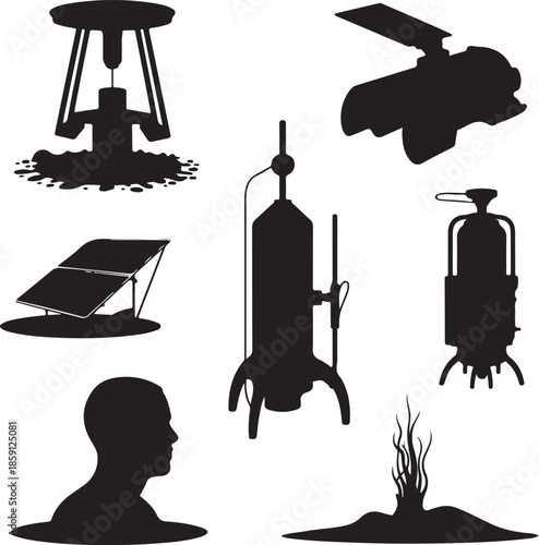 Silhouettes of industrial and renewable energy equipment and concepts