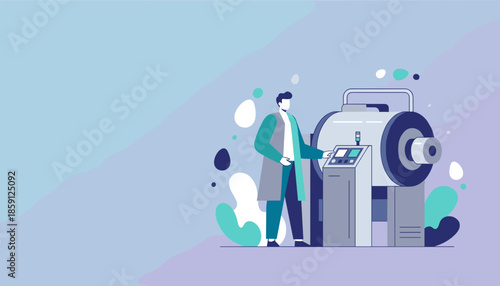 Technician operates industrial manufacturing machine Scientific production and engineering flat vector