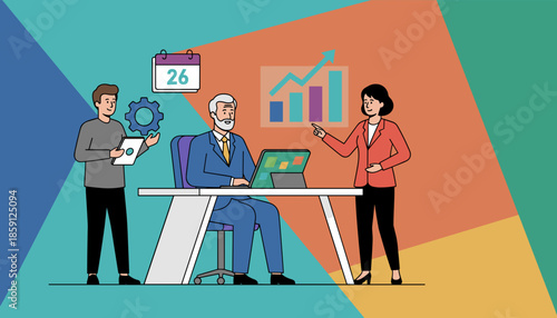 Business team collaborating on data analysis planning and achieving financial goals