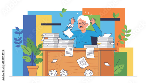 Stressed senior woman overwhelmed by piles of paperwork and bureaucracy at the office desk
