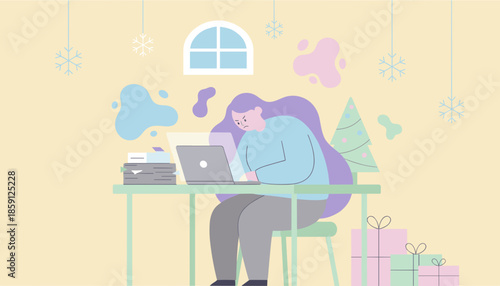 Frustrated employee working on laptop during the holidays dealing with Christmas work stress