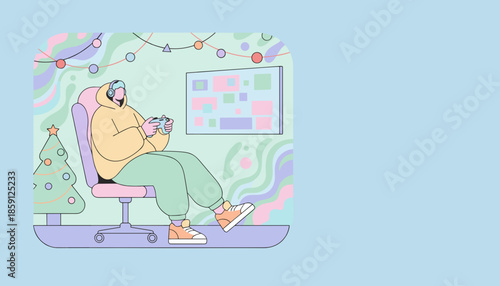 Gamer playing console video games in a festive room with a Christmas tree and string lights