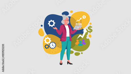 Businesswoman analyzes 2026 growth strategy time management and process optimization