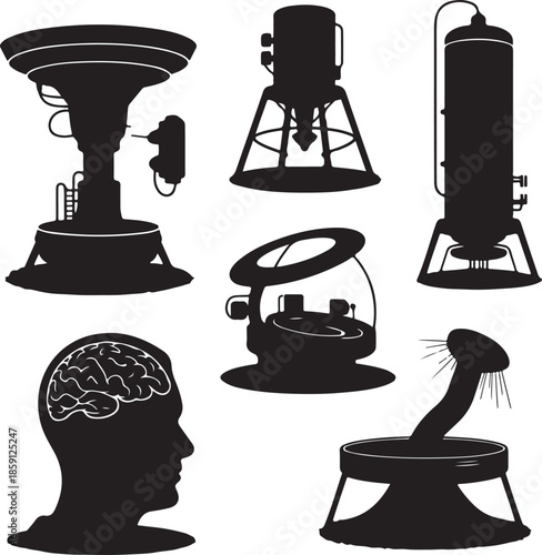 Collection of futuristic and scientific equipment silhouettes isolated
