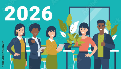 Diverse business team planning for 2026 success in a modern collaborative office environment