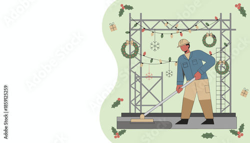 Construction worker maintains the site decorated with Christmas lights and wreaths for the winter holiday season