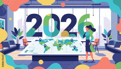 Business executive plans 2026 global strategy with a world map in a modern corporate office