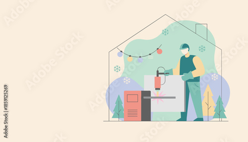 Worker operating industrial metal cutting machine inside a workshop during the winter holiday season