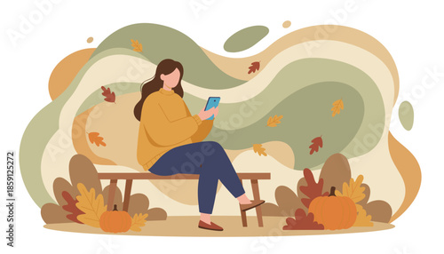 Fall illustration Woman relaxing on a bench scrolling phone surrounded by autumn decor