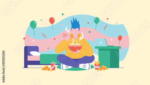 Young person eating ramen noodles and fast food in a vibrant room with a laptop Casual lifestyle illustration