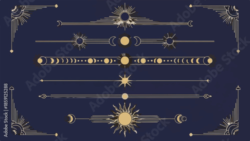 Mystical Art Deco Golden Celestial Vector Dividers and Borders Collection featuring Sun, Moon, and Stars isolated PNG with Transparent Background