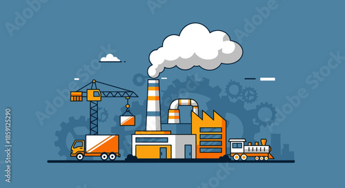 Flat design illustration of a factory production line crane and transport vehicles Industry and logistics concept