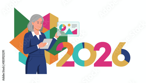 Professional woman reviewing financial data and 2026 goals on a digital screen