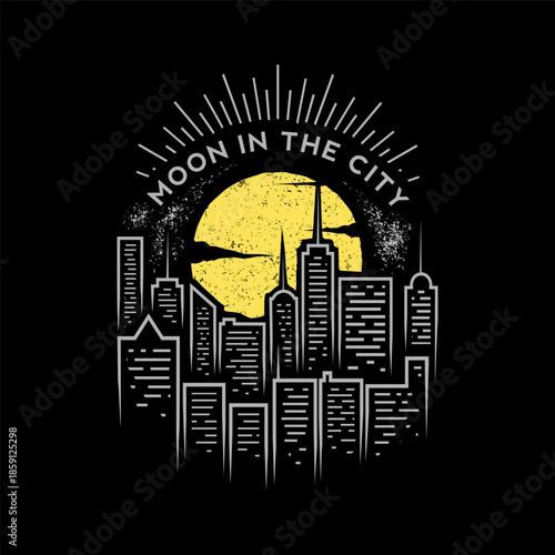Urban Cityscape Silhouette with Large Moon at Night Vector