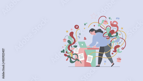 Stressed woman juggling chaotic work tasks and holiday planning pressure at her desk