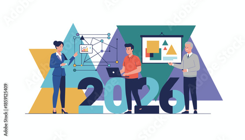 Business professionals plan 2026 strategy using technology data visualization and teamwork