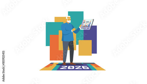 Elderly man reviews 2026 financial data trends for future business growth planning