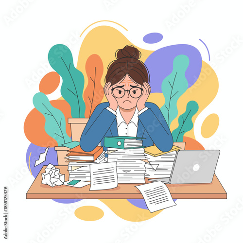 Frustrated businesswoman facing work overload and stress at her cluttered office desk