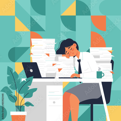 Businesswoman suffering from burnout sleeping exhausted on a pile of documents in the office