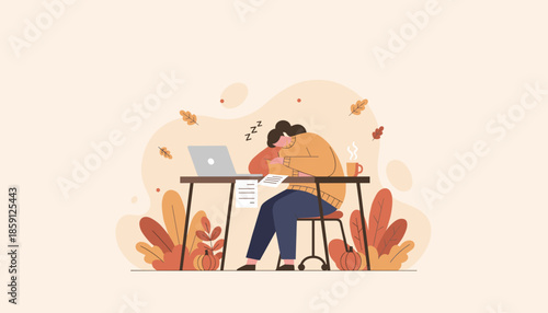 Woman suffering professional burnout sleeps at her autumn workspace desk illustrating fatigue and remote work stress