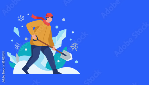 Man shoveling snow in winter flat vector illustration for seasonal cleanup cold weather and service concepts