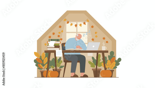Tired senior man sleeping at a cozy autumn desk decorated with pumpkins books and a laptop