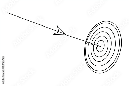 Continuous line art drawing of archery target with arrow, one line art design vector illustration