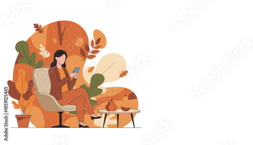 Autumn digital communication Woman checks phone in fall colors Vector illustration