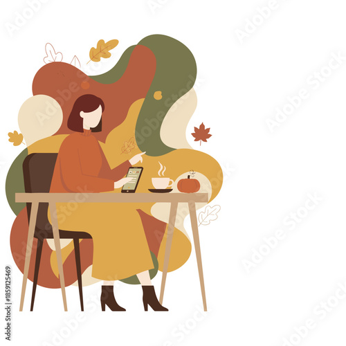 Cozy woman uses smartphone at a table with coffee and pumpkin in autumnal illustration