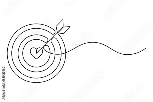 Continuous line art drawing of archery target with arrow, one line art design vector illustration