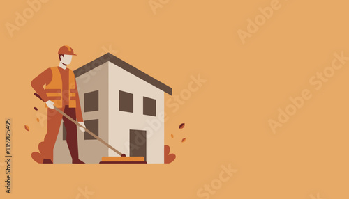 Professional maintenance worker sweeping outside a modern house Property service illustration with copy space
