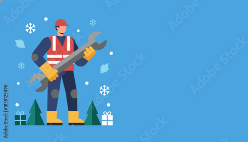 Professional worker holding a giant wrench amidst snowflakes and Christmas gifts Winter service concept