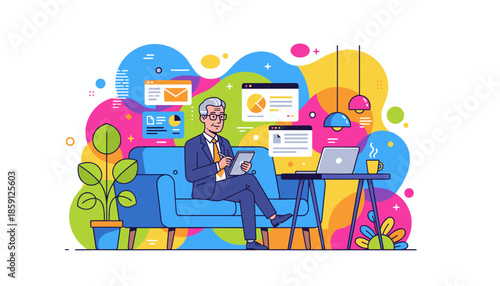 Senior businessman uses a tablet for remote work in a colorful modern environment with data visualization