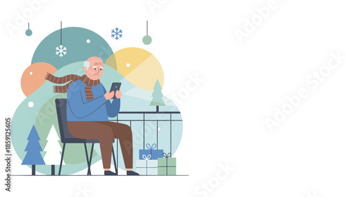 Sad senior man sitting outdoors using a smartphone during the winter holidays illustrating loneliness and remote communication