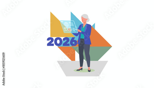 Businesswoman uses futuristic tech to plan for the year 2026