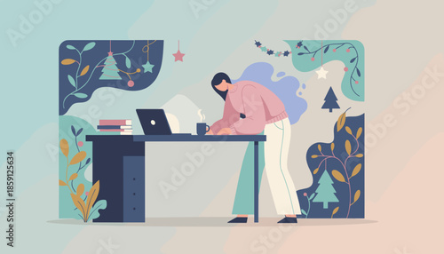 Flat design of woman working remotely in a cozy winter or Christmas office setting