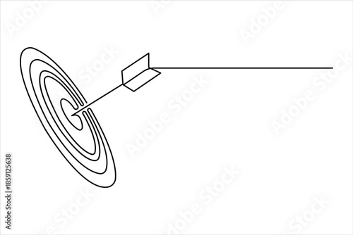 Continuous line art drawing of archery target with arrow, one line art design vector illustration