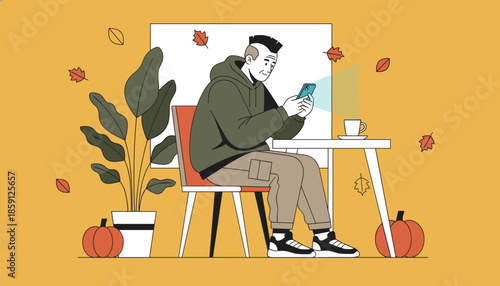 Man relaxing in an autumn setting using his smartphone while enjoying coffee Modern illustration of digital lifestyle