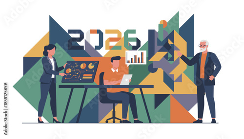 Diverse business team discussing 2026 strategy and data analysis against a vibrant geometric backdrop