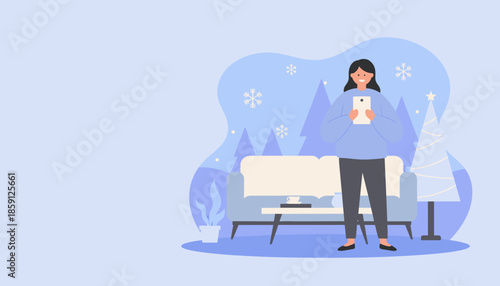 Happy woman using tablet in a cozy winter room with Christmas decor enjoying online holiday shopping or connectivity