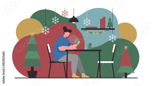 Modern illustration of a person texting on a phone in a festive cozy Christmas interior space