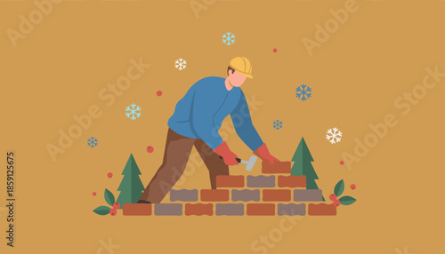 Construction worker laying bricks in winter Seasonal labor and building concept