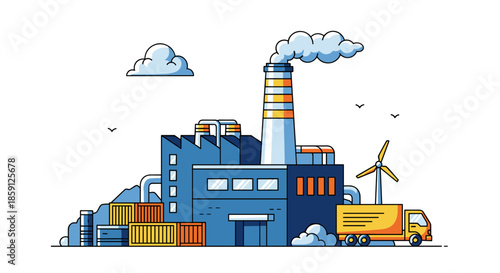 Industrial factory illustration showing manufacturing logistics distribution and sustainable power