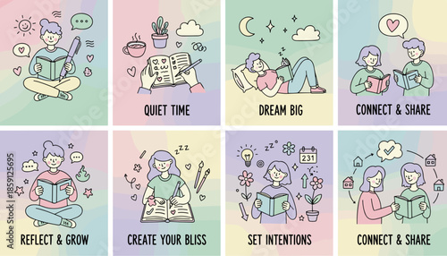 Set of illustrations for selfcare daily routine and personal growth reading reflecting dreaming and quiet time