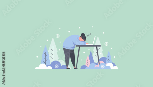 Exhausted person asleep at a desk with a laptop in a winter landscape illustration